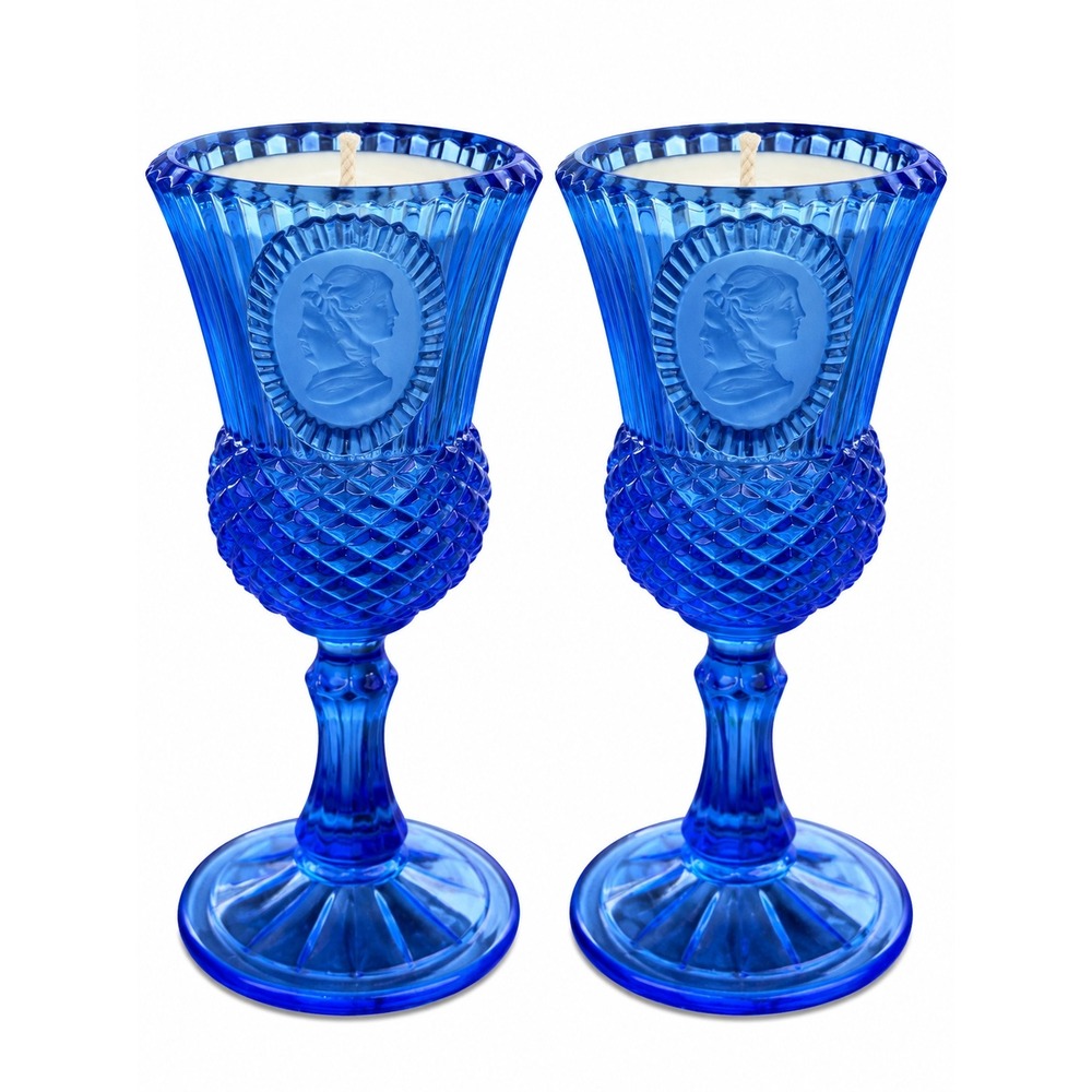 Vintage Cobalt Blue Glass Cameo Candle Set George & Martha Washington Chalice